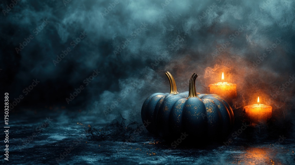 Naklejka premium Halloween pumpkin and candles dimly lit setting atmospheric photography mysterious vibe close-up view spooky theme