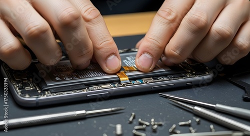 Close-up of technician's hands carefully repairing a smartphone, showing internal components, tools, and tiny screws on a dark workbench, highlight...