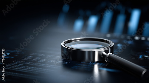 Magnifying glass over digital data representing stock market analysis