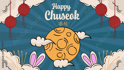 Chuseok Day Mid-Autumn Harvest Festival Greeting Banner with Moon Rabbit and Traditional Korean Lanterns.Vector illustration