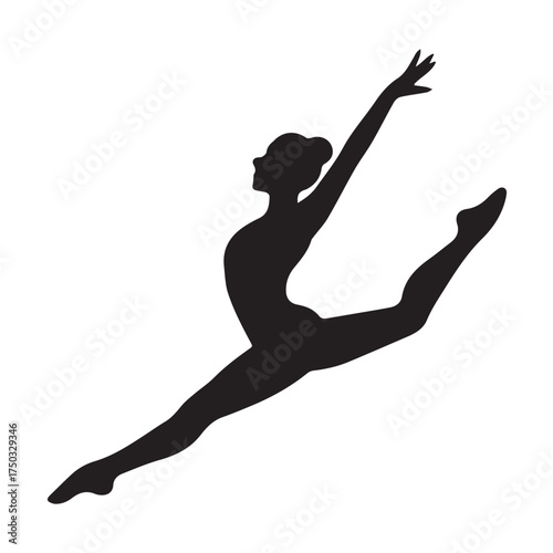 Vector silhouette of a jumping female gymnast, black and white contrast highlighting dynamic motion, athletic strength, and the elegance of professional sports.