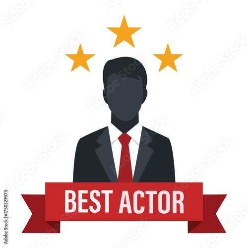 Best actor award illustration with male silhouette, three stars, and achievement banner for film and media industry recognition