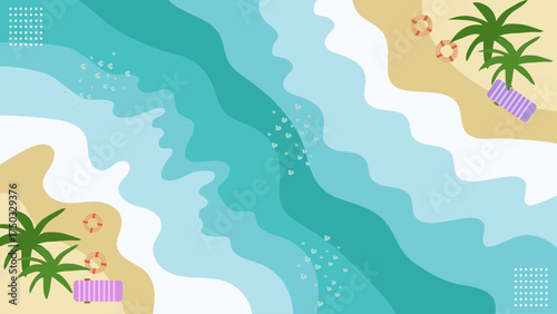 Beach Flat Illustration Banner Background with Abstract Waves, Palm Tree, Lifebuoy, and Sand Texture