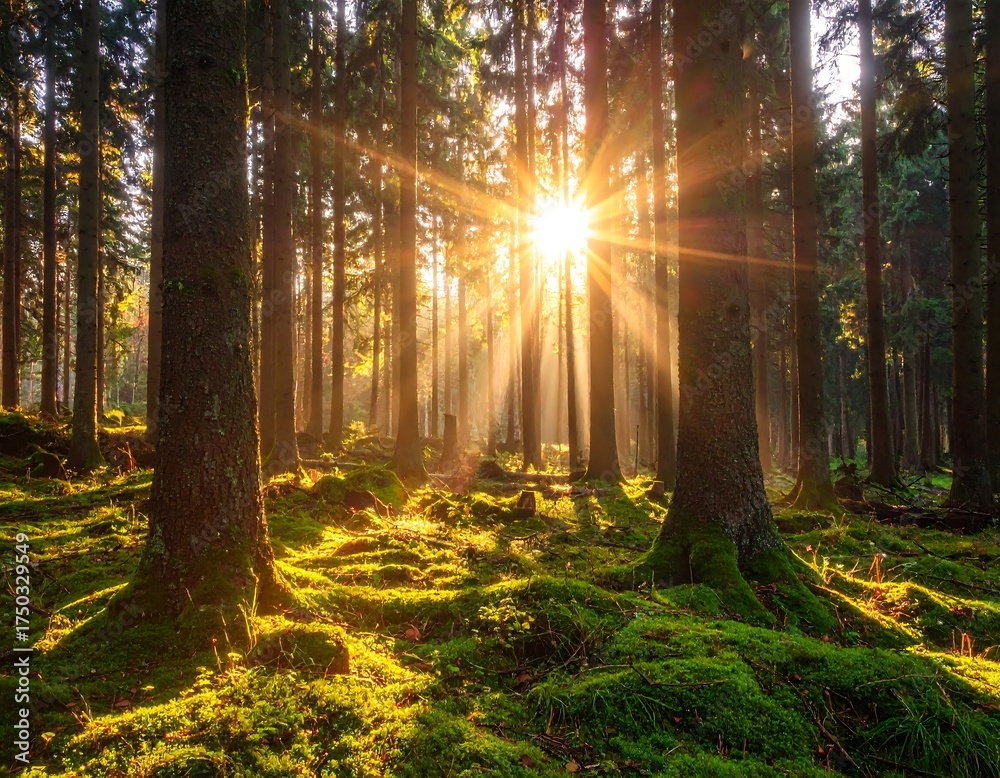 Fototapeta premium Sunlight streams through a forest canopy, illuminating mossy ground
