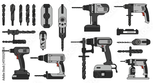 Drilling Tools Vector – Drill Bits, Hand Drill, and Power Drill Illustration