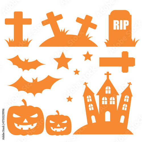 Halloween Silhouette Elements Set with Cross ,Star ,Bat and Jack O Lantern on Orange Background. Vector Illustration