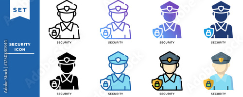 Security Guard Icon Set — Police Officer, Safety Patrol, and Protection Service Vector Icons for Law Enforcement, Surveillance, and Security Systems