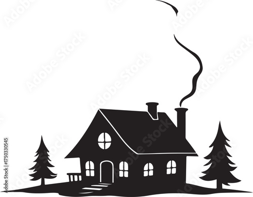 Black silhouette of a cozy cabin with smoke from chimney and trees