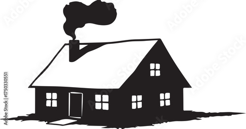 Black silhouette of a house with smoke coming from chimney