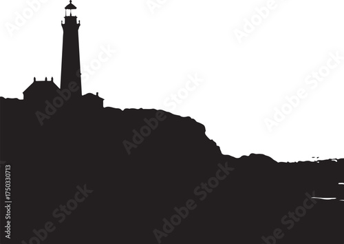 Black silhouette of a lighthouse on a rocky cliff white