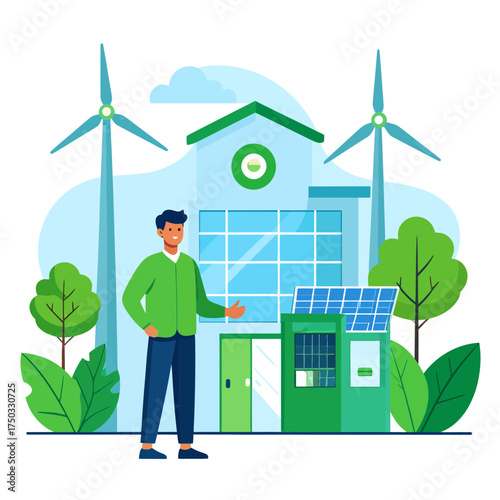 Man promoting ecofriendly house with solar panels and wind turbines.