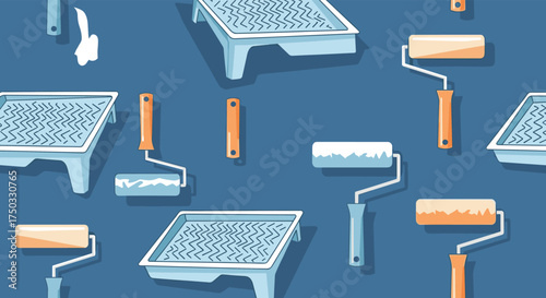A collection of paint rollers and trays on a blue background.