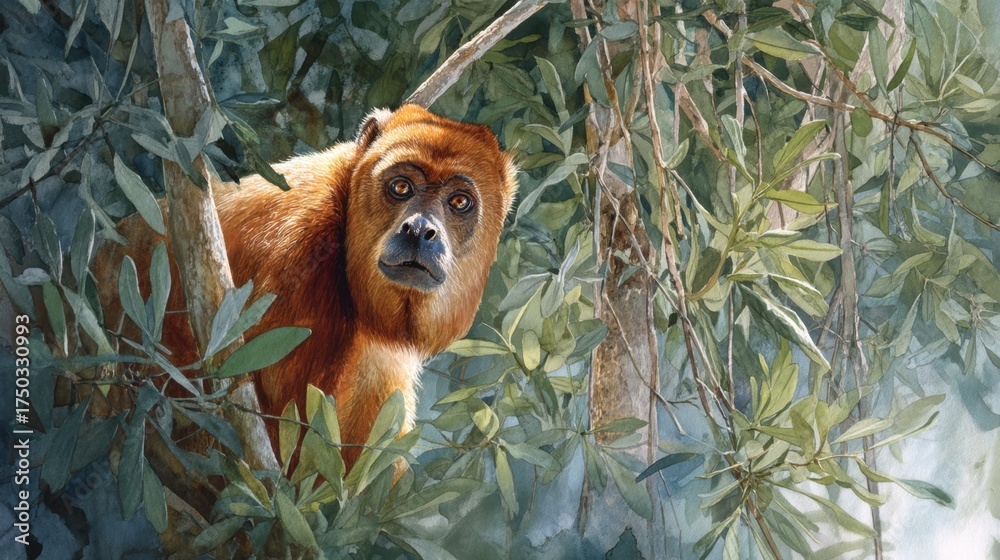 Obraz premium Captivating Expression of a Monkey Amid Lush Green Foliage in a Serene Natural Setting with Gentle Sunlight Filtering Through Leaves