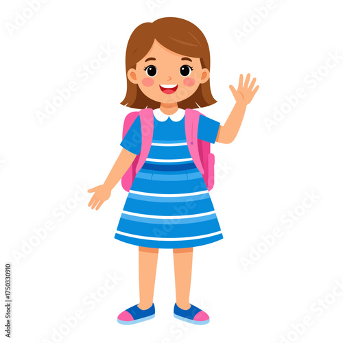 Cheerful Schoolgirl with Backpack Waving Hello Ready for Learning.