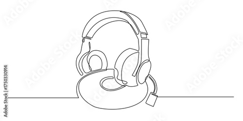 Continuous line drawing of a DJ headset with a retro vinyl record.one line drawing symbolizing music, mixing, and sound, perfect for DJs, music lovers, posters, logos, and vintage decor.