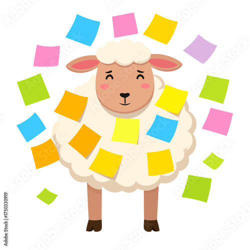 Cartoon Sheep Covered in Colorful Sticky Notes Illustration.