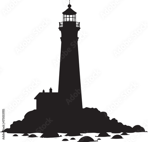 Black silhouette of a lighthouse on a rocky shore black and white