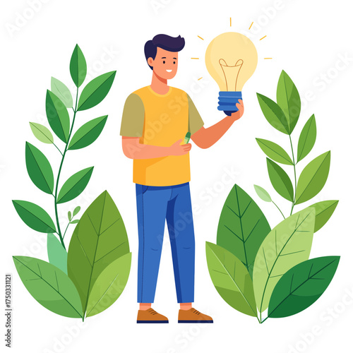 Man Holding Lightbulb Surrounded by Green Leaves.