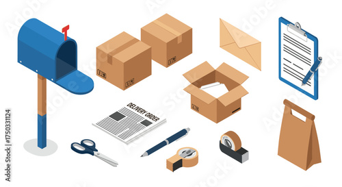 Various postal and delivery items including boxes mailboxes and packages.