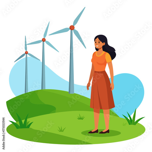 Woman Standing in Front of Wind Turbines on Green Hill.