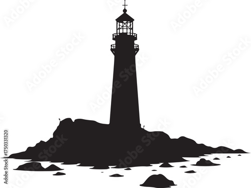 Black silhouette of a lighthouse on a rocky shore black and white