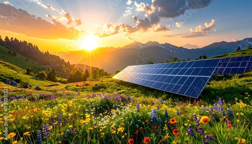 Sunset illuminating solar panels on a hillside with wildflowers & mountains