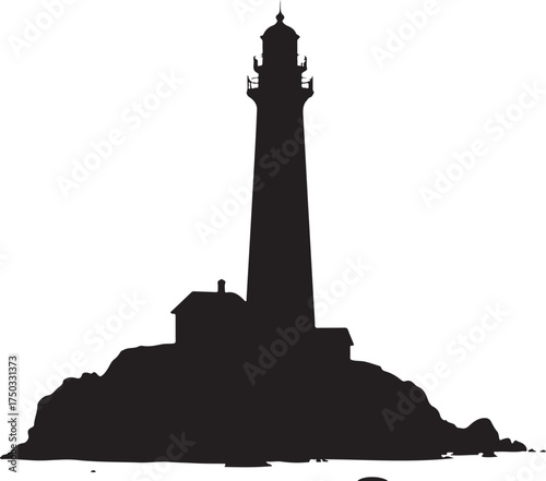 Black silhouette of a lighthouse on a rocky shore white