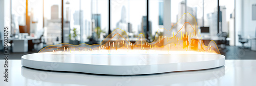 blurry photo of office space with business hologram for background