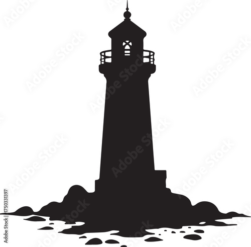 Black silhouette of a lighthouse on a rocky shore black and white