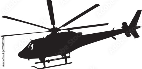 Black silhouette of a modern helicopter in flight white background