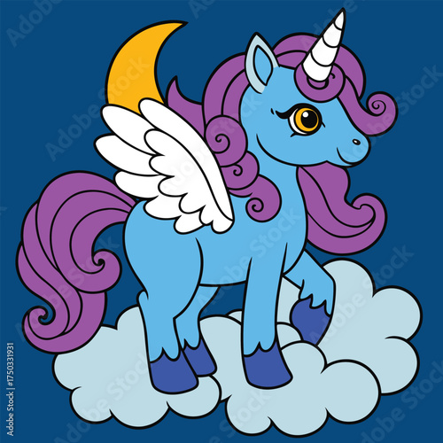 Whimsical blue winged unicorn with a purple mane and tail stands on fluffy clouds under a golden crescent moon fantasy illustration for children
