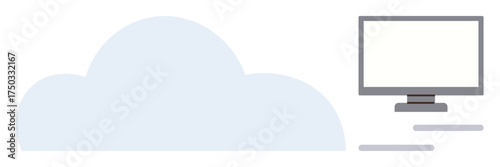 Large blue cloud connected to a desktop monitor via horizontal lines symbolizing data transfer. Ideal for cloud technology, data storage, internet services, remote work, networking, IT