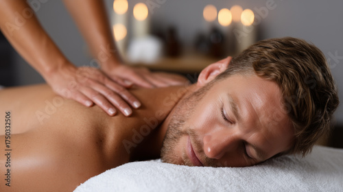 Therapist giving back massage to male client in wellness center