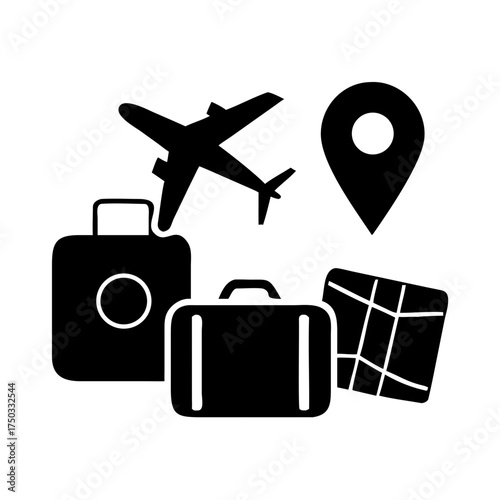 Travel icons showing airplane suitcases map and location