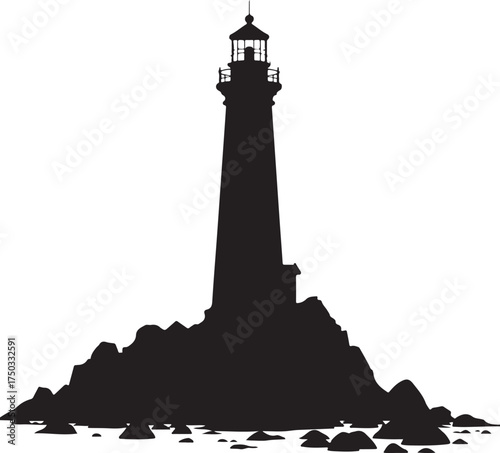 Black silhouette of a tall lighthouse on rocky shore