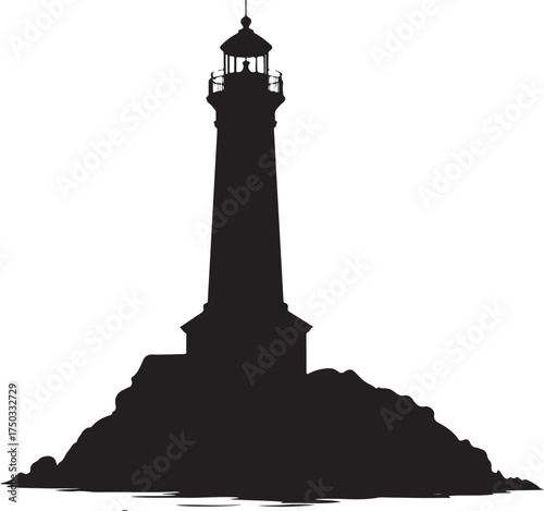 Black silhouette of a tall lighthouse on rocky terrain