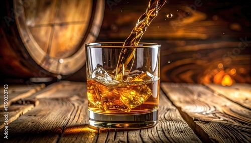 Amber Liquid Pouring into Rocks Glass on Wooden Table