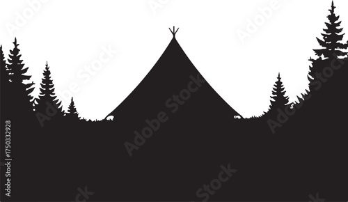 Black silhouette of a teepee surrounded by pine trees