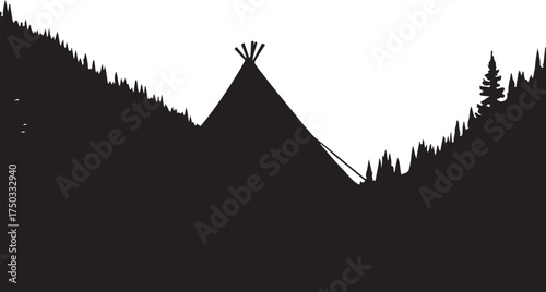 Black silhouette of a teepee in a pine forest landscape