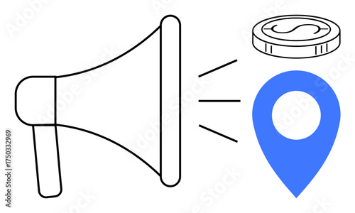 Megaphone with sound lines, coin, and location pin highlighting promotion, targeted advertising, marketing ROI, investment, geotargeting, business growth, and financial strategy in a simple flat