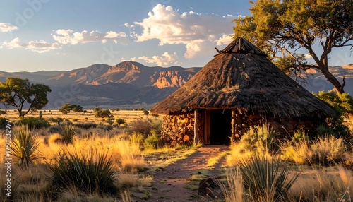 Traditional dwelling in golden hour, set amidst rolling hills