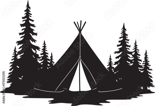 Black silhouette of a teepee tent and pine trees tipi