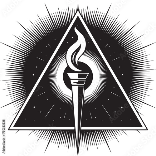 Striking torch emblem illuminating hidden knowledge within the all-seeing eye pyramid symbol
