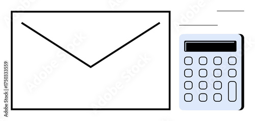 Large envelope beside a calculator suggesting messaging and financial planning concepts. Ideal for mail management, budgeting, accounting, tax preparation, efficiency, productivity, simple flat