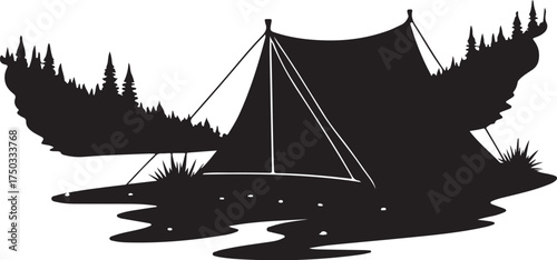 Black silhouette of a tent in a forest landscape camping