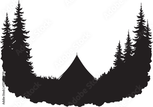 Black silhouette of a tent and pine trees on white background