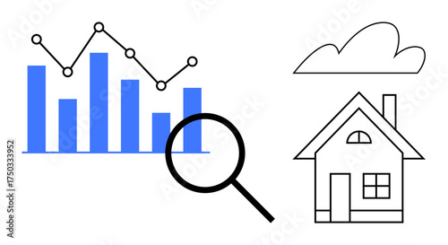 Magnifying glass over bar graph, house sketch, and cloud representing market research, property trends, data analysis, home ownership, investment strategy, and financial insights in a simple flat