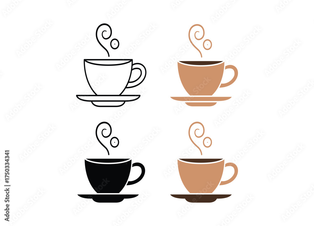 Obraz premium Four Coffee Cup Icons in Different Styles Representing Hot Beverage Enjoyment and Morning Refreshment with Steaming Design