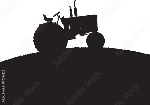 Black silhouette of a vintage tractor on a hill white