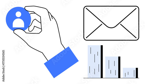 Hand holding user profile icon, envelope for email, and descending bar chart symbolizing connection, analytics, and teamwork. Ideal for contact, statistics, organization, marketing networking